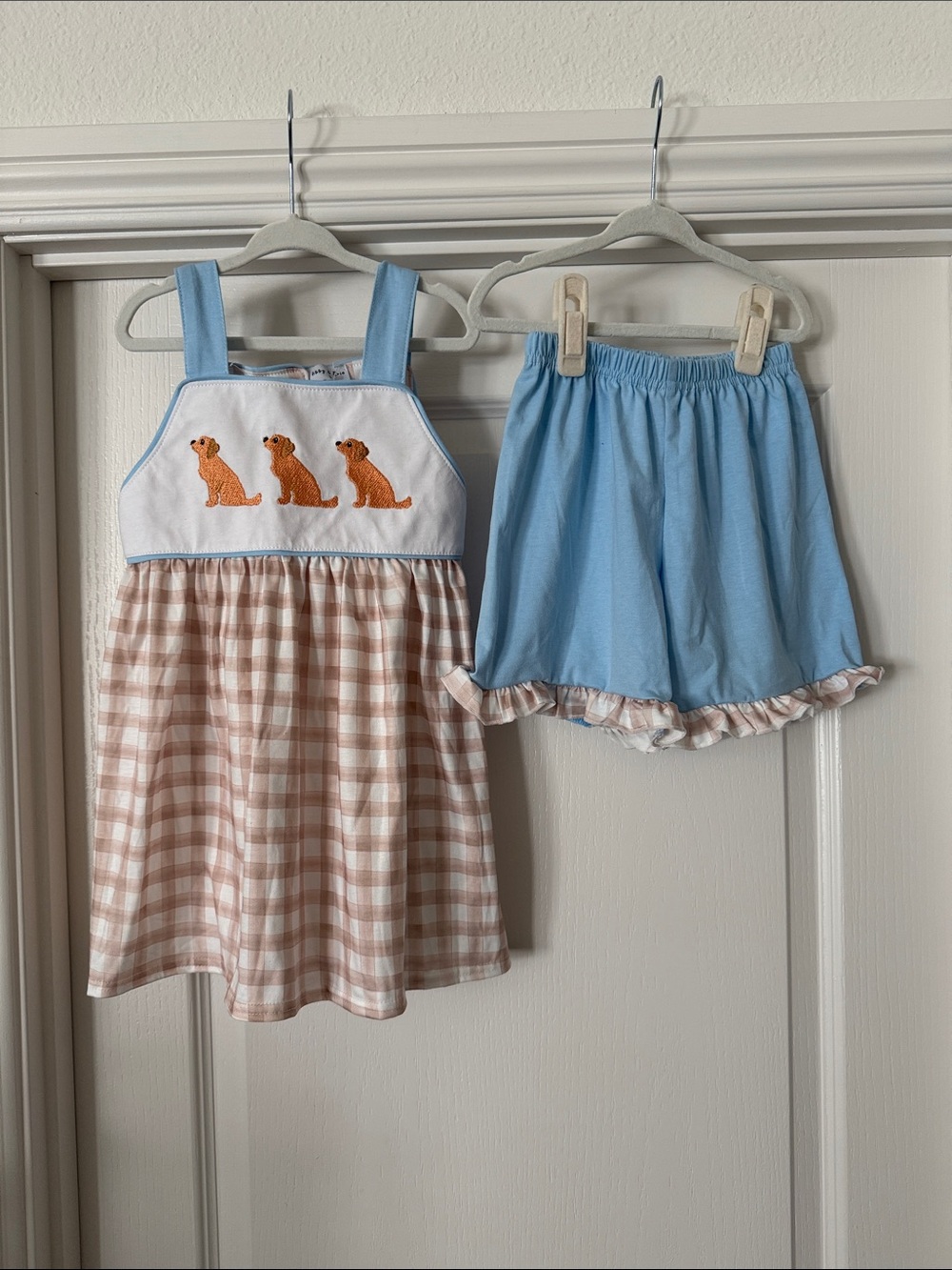 Girls Light Blue & Tan Check Dog Embroidered Matching Set